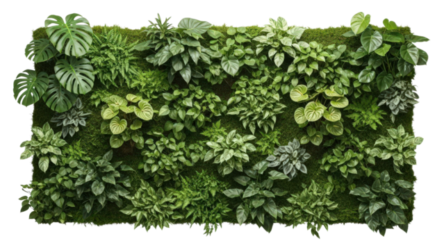 Lush vertical garden with diverse green plants and moss, cut out, stock png, isolated on transparent background - Powered by Adobe