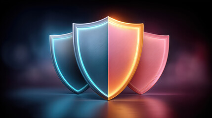 Cybersecurity shield trio glowing neon gradient protecting digital network with modern security