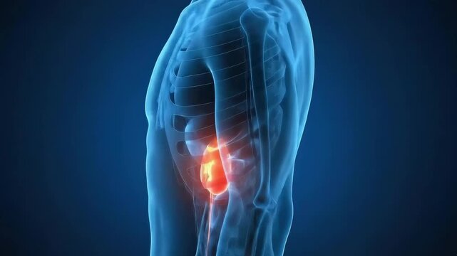 3D medical visualization showing an inflamed appendix highlighted inside the human lower abdomen &mdash; AI generated video