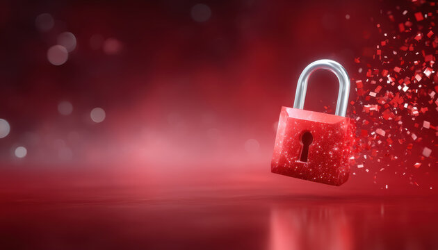 Red padlock cybersecurity concept floating with particle data fragments and red bokeh - Powered by Adobe