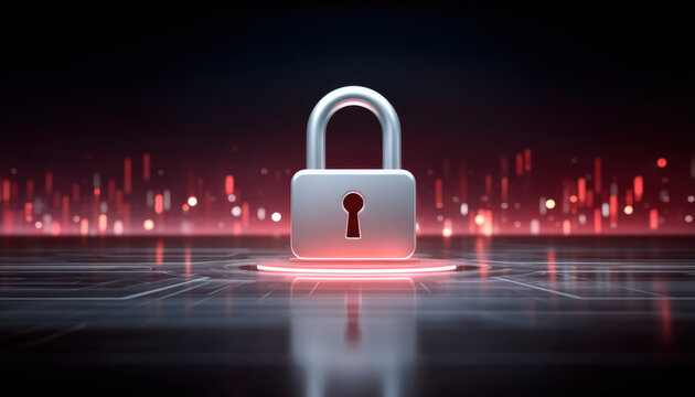 Secure padlock on glowing circuit platform cybersecurity protection concept bright digital shield