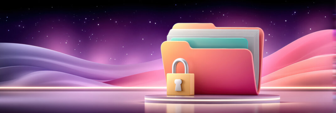 Secure colorful file folder with padlock futuristic landscape cybersecurity protection data