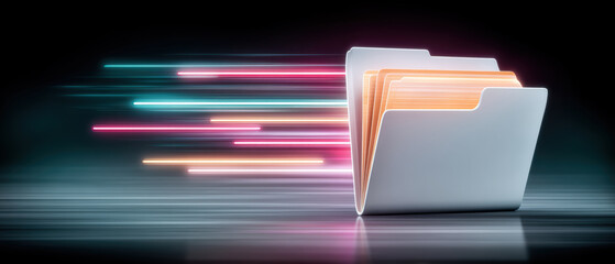 Cybersecurity data transfer file folder glowing motion blur light speed secure storage