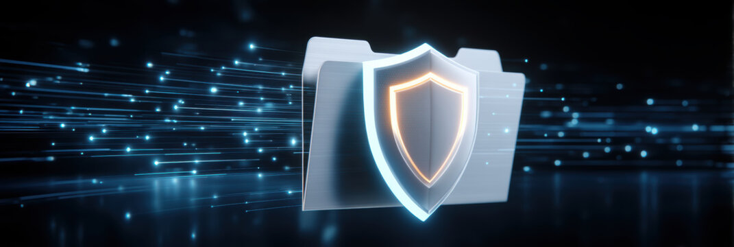 Secure folder with glowing shield cybersecurity protecting digital data and network privacy