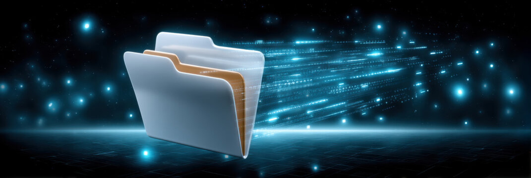 Secure digital file folder cybersecurity protecting data transfer through glowing network