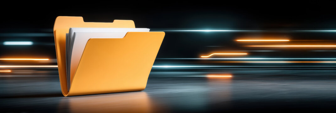 Folder with papers and glowing lines suggesting cybersecurity and fast data transfer dark space