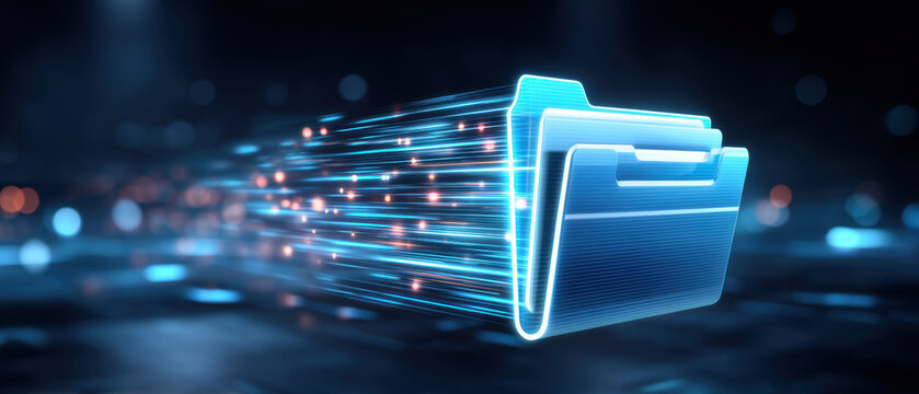 Cybersecurity digital folder streaming data transfer glowing blue futuristic secure file sharing - Powered by Adobe