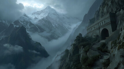 Epic adventure along a misty mountain path leading to an ancient fortress amidst towering snow-capped peaks and dramatic skies