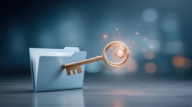 Golden key protecting file folder cybersecurity digital data protection concept