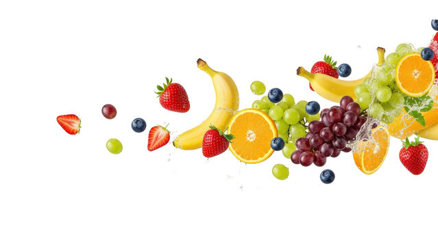 Fresh fruits banana, strawberry, orange, grapes, blueberries with water splash, cut out, stock png, isolated on transparent background