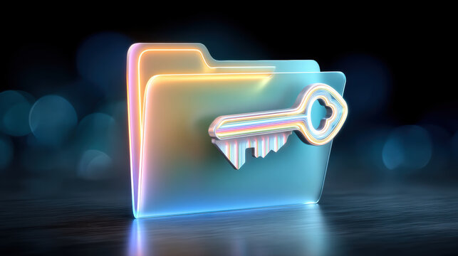 Neon folder key cybersecurity secure data access icon glowing futuristic