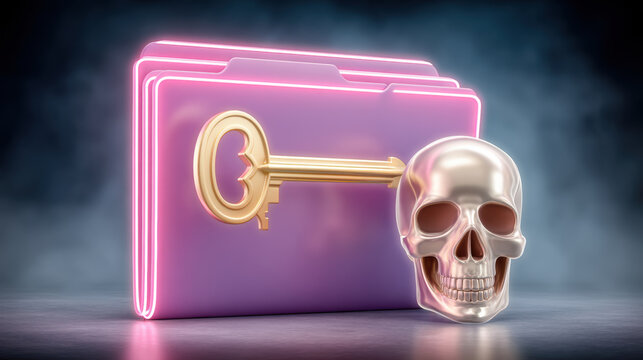 Golden key skull cybersecurity folder neon glow protecting sensitive data