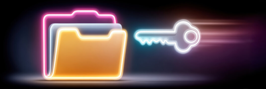 Neon folder key cybersecurity secure data protection access control glowing digital lock