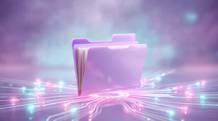 Cybersecurity glowing file folder digital data transfer with neon circuit lines
