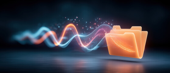 Cybersecurity glowing data folder with streaming wave and particle light conveying secure