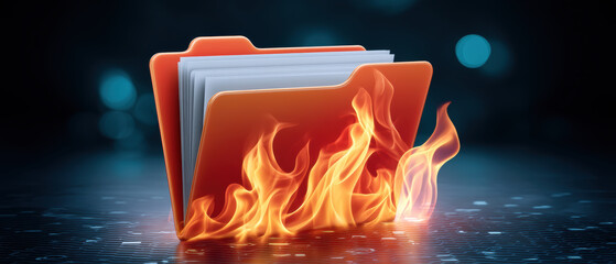 Cybersecurity folder on fire symbolizes data breach and urgent digital risk response