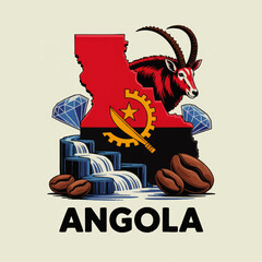 Angola tourism illustration with map flag antelope diamonds waterfalls coffee beans African travel poster design