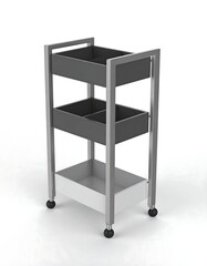Modern Gray Rolling Cart with Three Shelves for Storage.