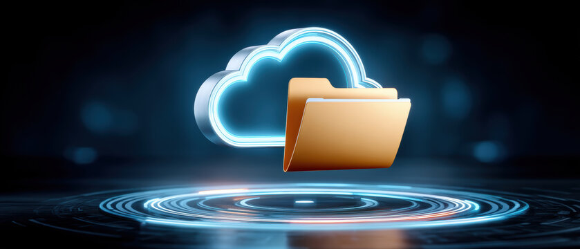 Cloud folder cybersecurity cloud storage folder glowing neon secure data transfer futuristic