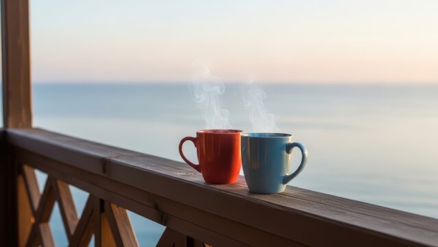 Two steaming mugs on balcony overlooking tranquil ocean at sunrise
