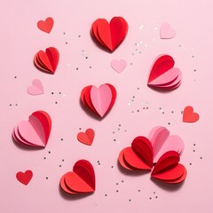 Assorted red and pink paper hearts scattered on pink background