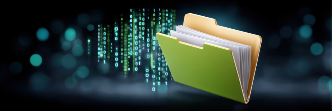 Cybersecurity file folder with digital data stream and glowing code dark background conveying