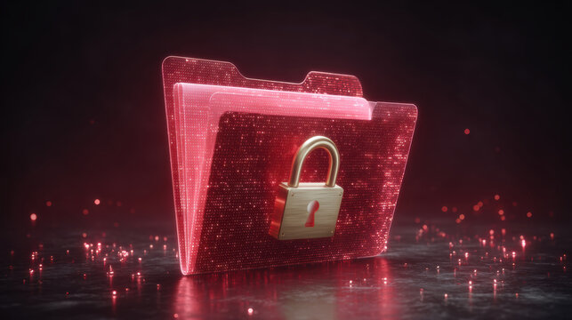 Secure red digital folder with padlock symbol cybersecurity protecting confidential data