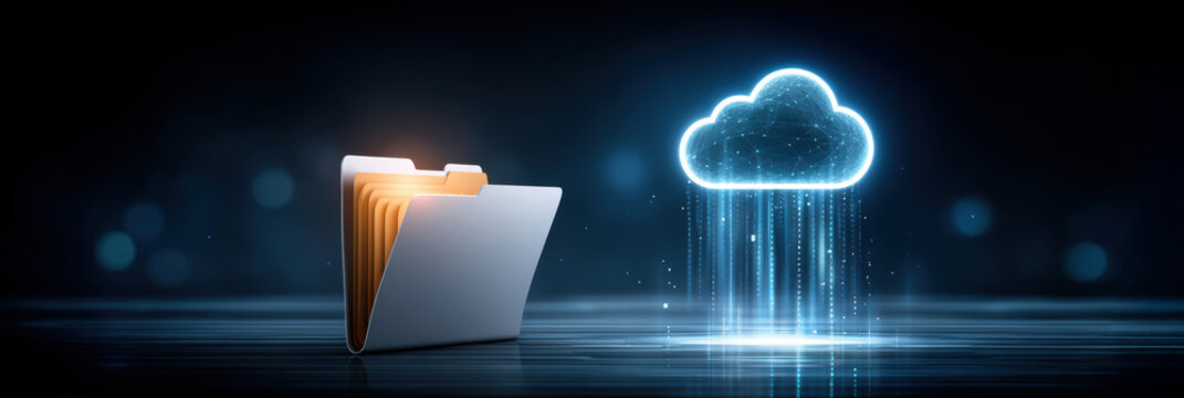 Cloud folder and cybersecurity concept with glowing cloud and digital file transfer