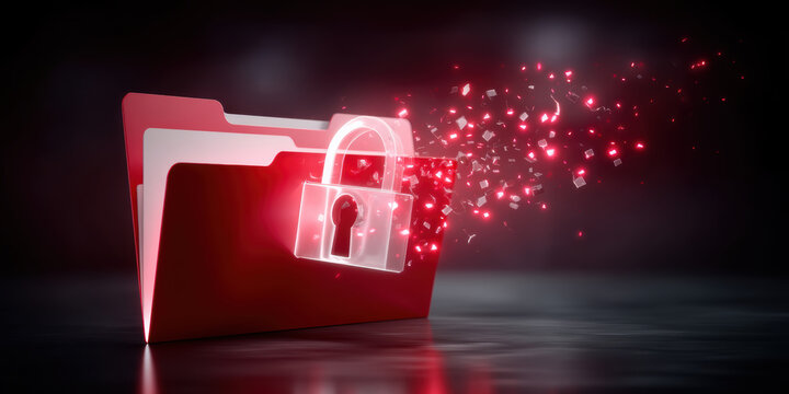 Red folder cybersecurity padlock glowing digital security breach glowing shards