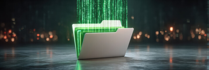 Cybersecurity digital file folder with glowing data stream conveying secure information flow