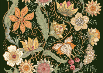 Ornate floral seamless pattern. Elegant hand-drawn botanical motif with intricate repeating layout for textile and wallpaper. Classic flowers and foliage create a refined vintage background.