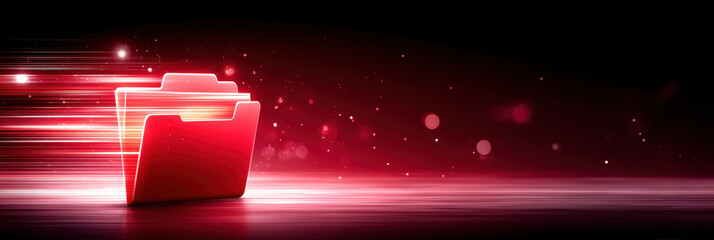 Red glowing folder moving through digital space symbolizing cybersecurity and fast data transfer