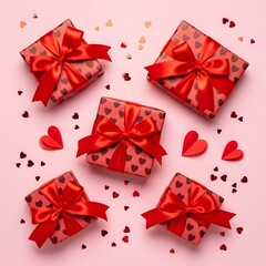 Valentine's day gift boxes with red bows and heart confetti on pink background