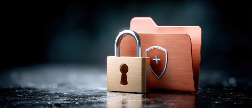 Secure folder with padlock and shield symbol cybersecurity protecting data privacy and access
