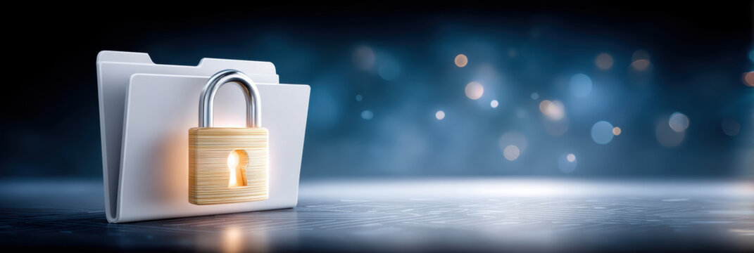 Secure folder with padlock and glowing keyhole symbolizing cybersecurity protection and data