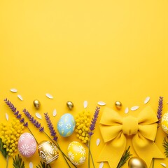 Easter eggs with flowers and yellow bow on a bright yellow background