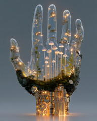 Futuristic glass hand filled with glowing mushrooms, moss and botanical elements merging with intricate mechanical gears and golden lights in a surreal nature-technology hybrid sculpture
