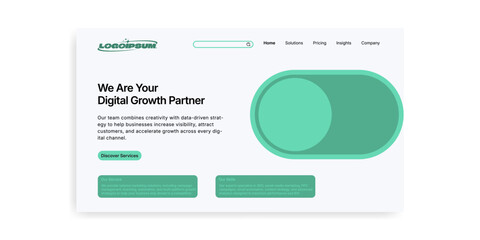 A website design featuring a digital growth partner message with a search bar and navigation menu items