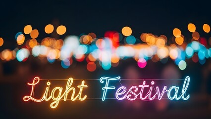 Vibrant neon 'Light Festival' sign illuminating a captivating evening event against a beautifully blurred backdrop of colorful urban lights and a lively festive atmosphere