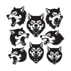 wolf head silhouettes set, wolf silhouette, animal vector, angry wolf, tattoo emblem, predator symbol