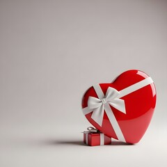 Red heart gift box with white ribbon and small gift underneath.