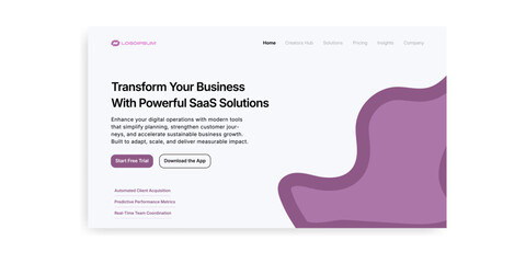 Website showcasing saas solutions with text and a purple graphic element on a white background