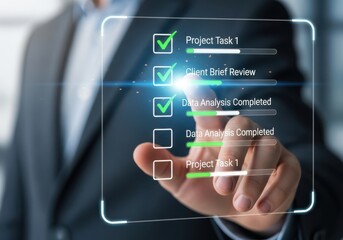Obraz premium Business Person Completing Project Checklist on Transparent Digital Interface Screen