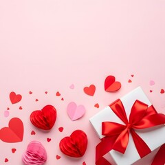 Gift box with red ribbon and hearts on pink background, top view.