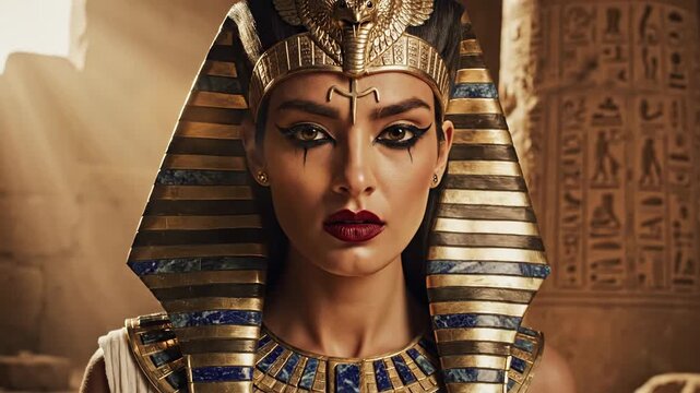 A regal woman adorned in golden Egyptian regalia, bathed in warm light, set against ancient ruins