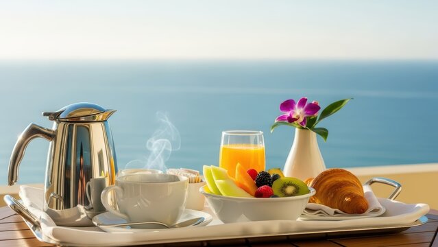 Seaside breakfast with coffee, fresh fruit, and pastries on balcony overlooking ocean