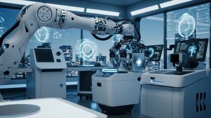 A robotic arm delicately places a glowing cube onto a platform in a futuristic lab setting - Powered by Adobe