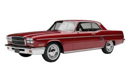 Red classic car with chrome details, front side view, cut out, stock png, isolated on transparent background