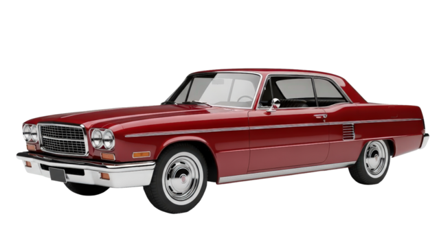 Red classic car with chrome details, front side view, cut out, stock png, isolated on transparent background