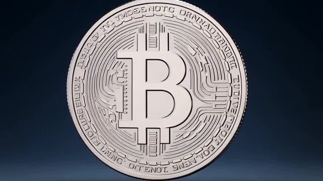 Close up of a silver bitcoin coin with intricate details on a dark blue gradient background